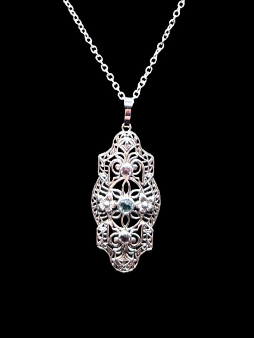 Art Deco Revival Sterling Silver Filigree and Amethyst and Topaz Pendant